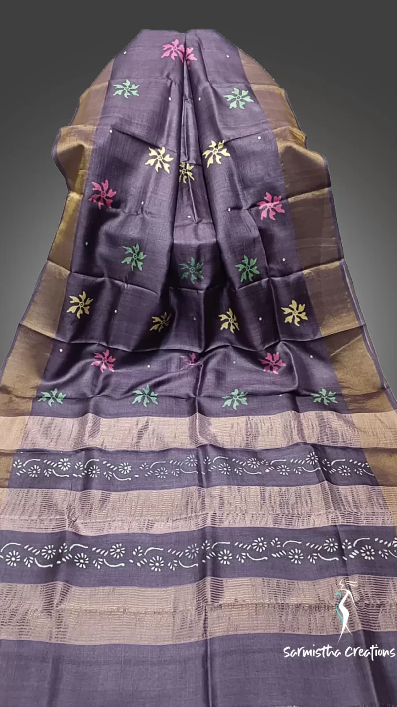 Zari Tussar Saree With Hand-Block Printing dtzbhbp-005