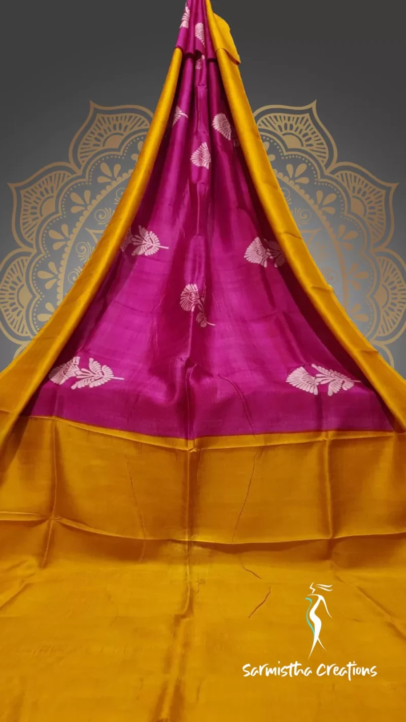 Murshidabad Silk Saree with Hand Block Printing Golden-Pink hbpms-002