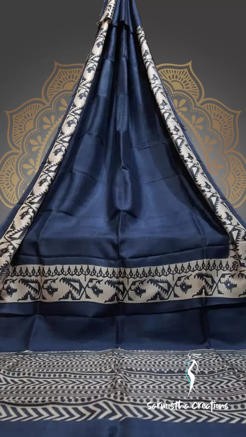 Murshidabad Silk Saree with Hand Block Printing Monsoon Midnight and Oriental Blue hbpms-004