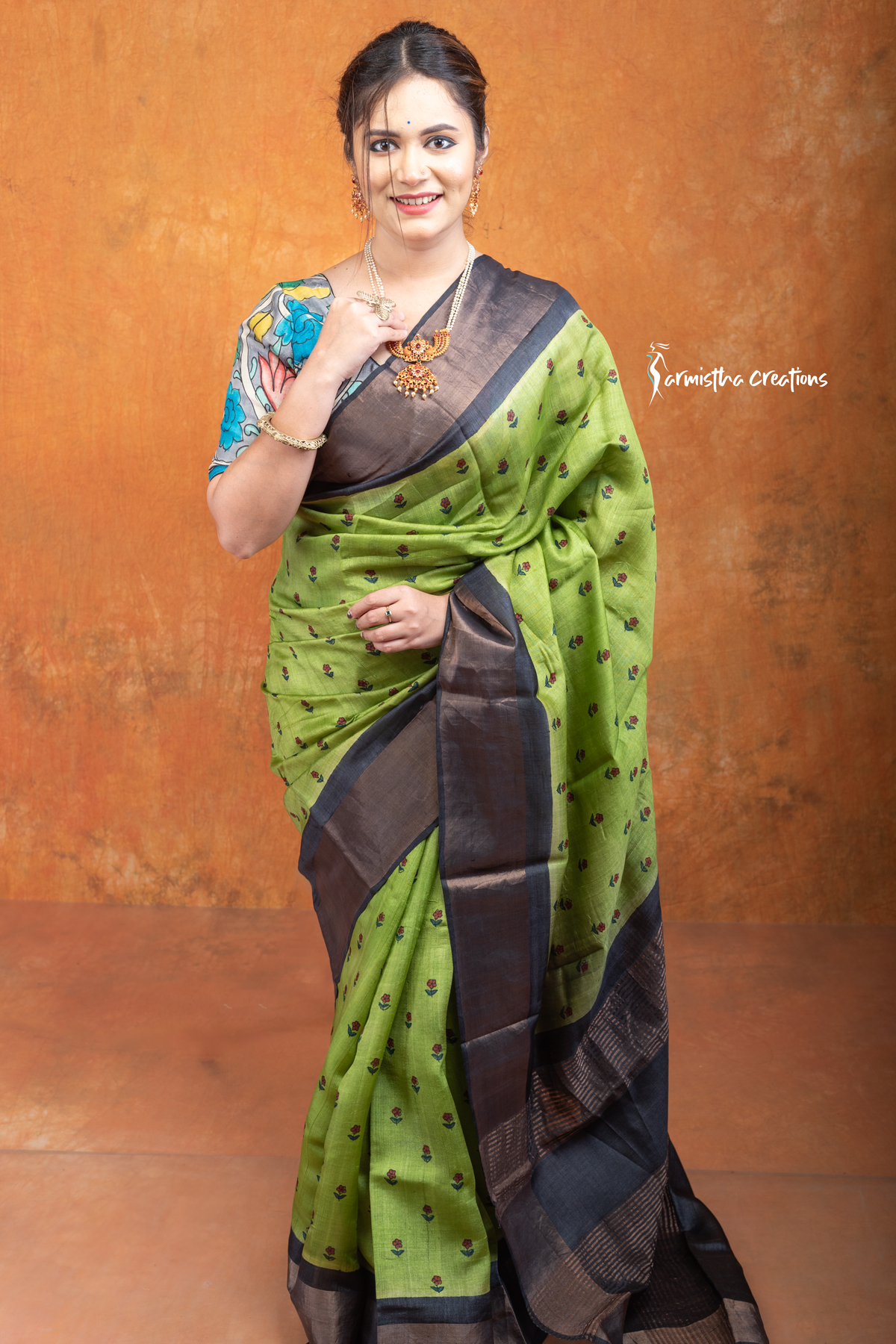 Hand block printed zari border tassar saree with Silk Mark certification.