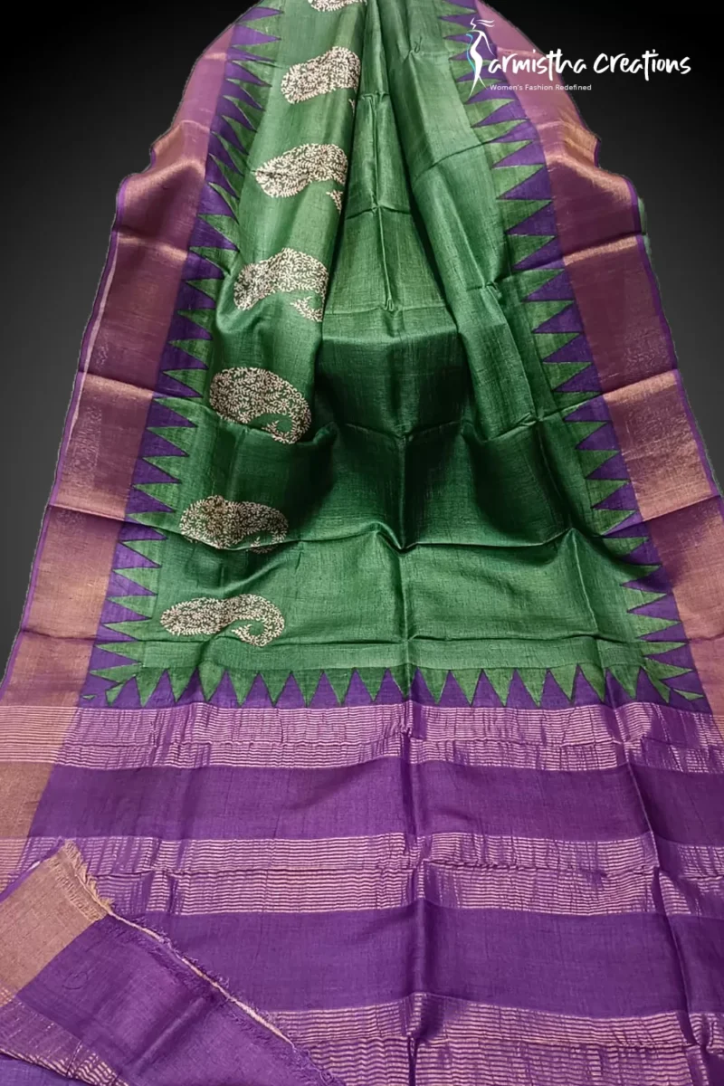 Hand block printed zari border tassar saree with Silk Mark certification.