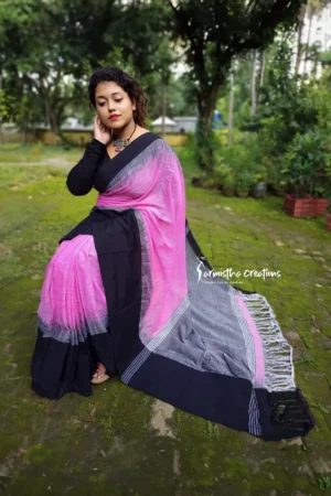 Pure handloom cotton saree with ikkat design. Pink/Black