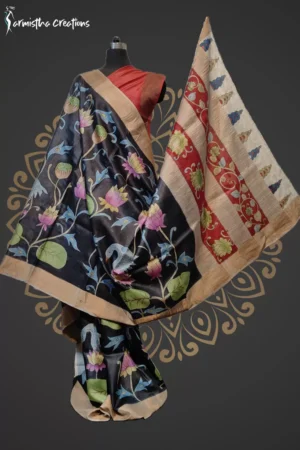 desi tussar pen kalamkari saree with floral hand-painted motifs