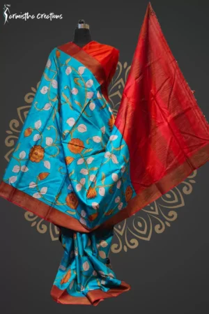 desi tussar pen kalamkari saree with floral hand-painted motifs