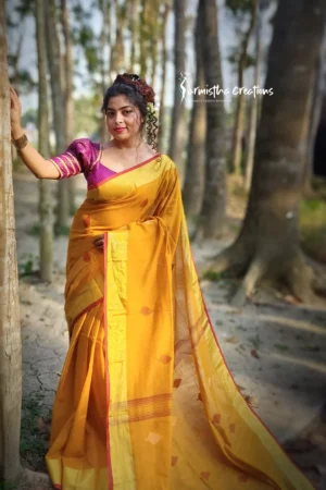 Handloom cotton saree with copper zari mustard yellow