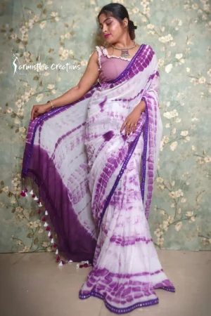 Shivori printed mal cotton saree white purple