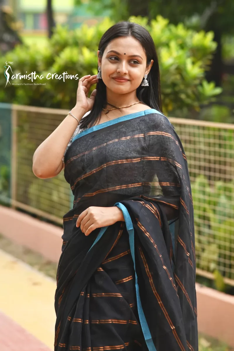 Pure Mal Cotton Saree with Copper Zari Black