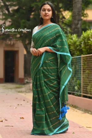 Pure Mal Cotton Saree with Copper Zari Green