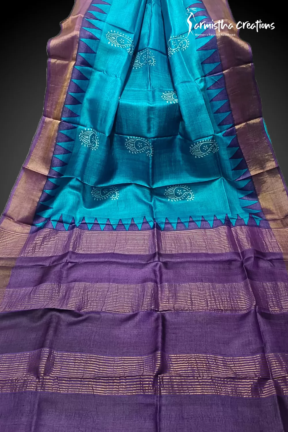 Hand block printed zari border tassar saree with Silk Mark certification.