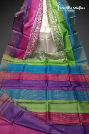 Hand block printed zari border tassar saree with Silk Mark certification.