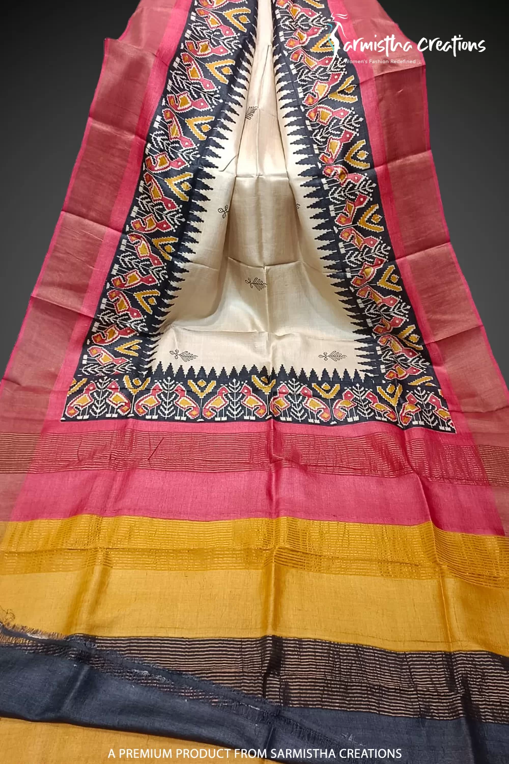 Hand block printed zari border tassar saree with Silk Mark certification.