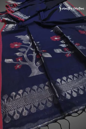 Premium quality navy blue handloom cotton saree with beautiful jamdani motif work