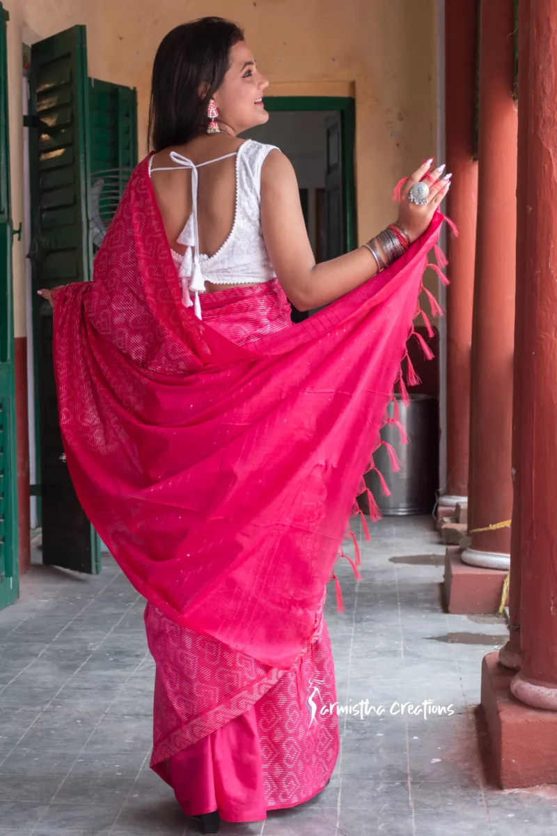 Semi-Silk Saree (Vibrant Pink) - Image 3