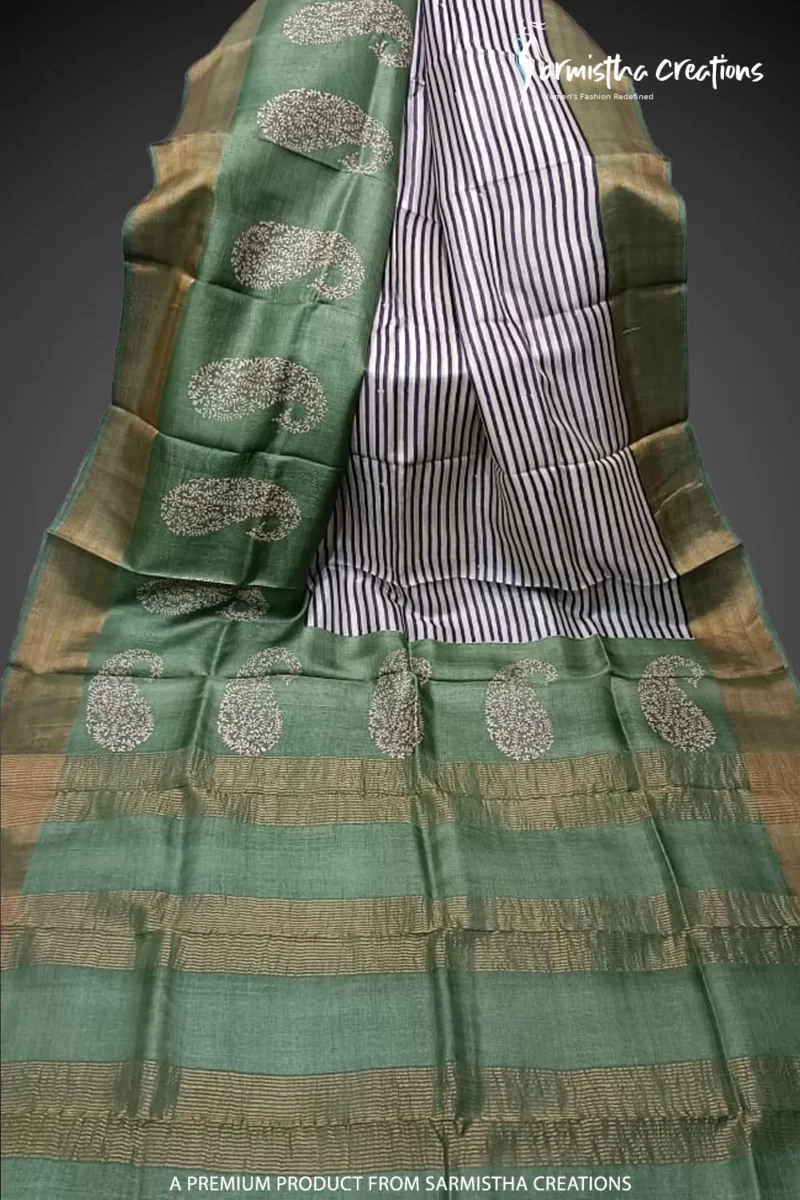 Hand block printed zari border tassar saree with Silk Mark certification.