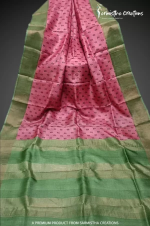 Hand block printed zari border tassar saree with Silk Mark certification.