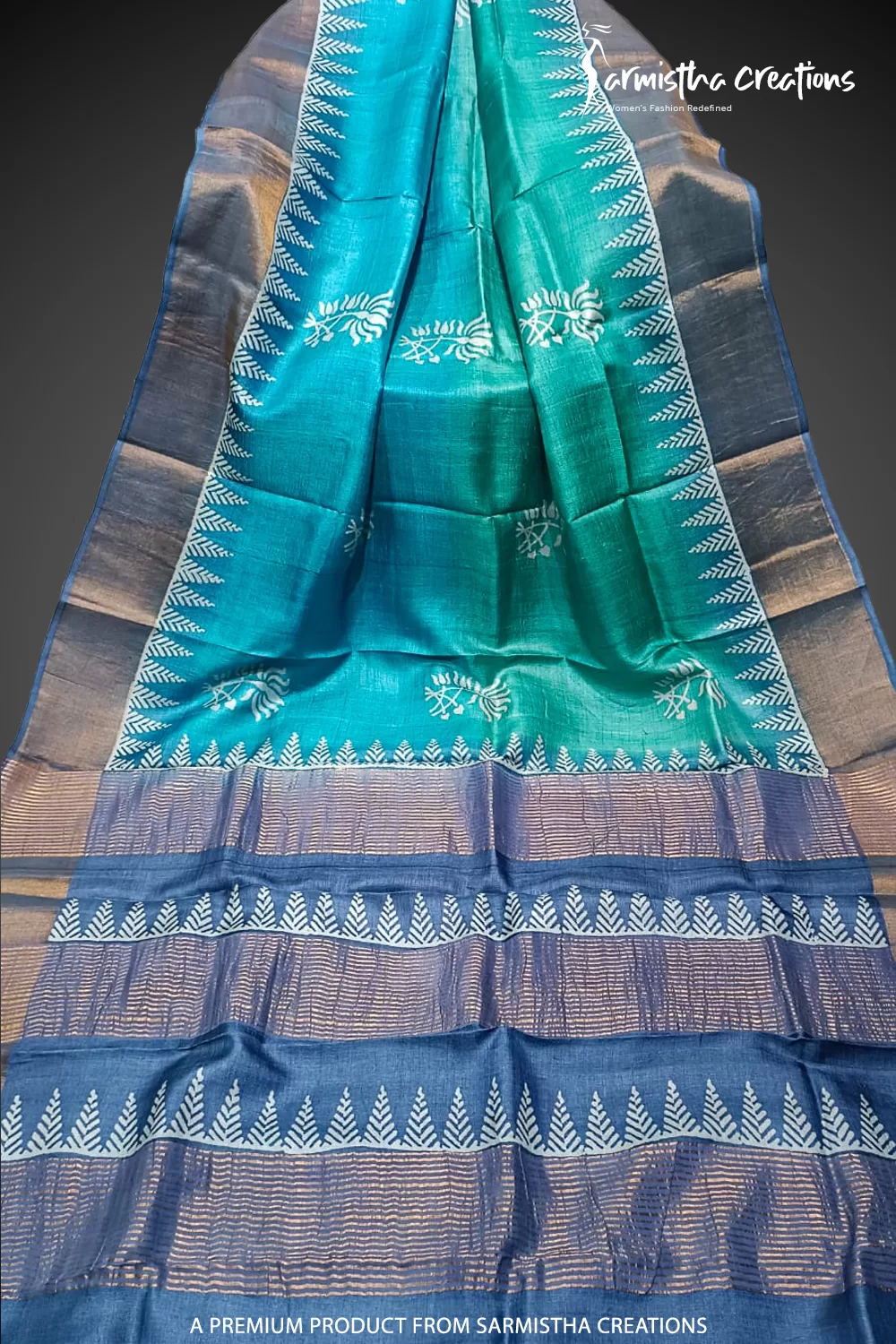 Hand block printed zari border tassar saree with Silk Mark certification.