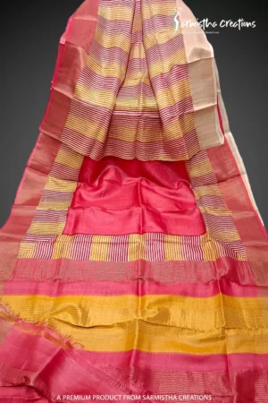 Hand block printed zari border tassar saree with Silk Mark certification.