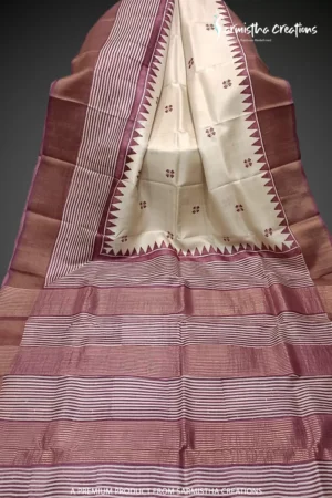 Hand block printed zari border tassar saree with Silk Mark certification.