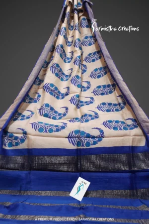 Hand block printed zari border tassar saree with Silk Mark certification.