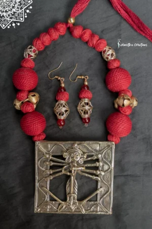 Hand-Made Dokra Durga Necklace (Square, Red)