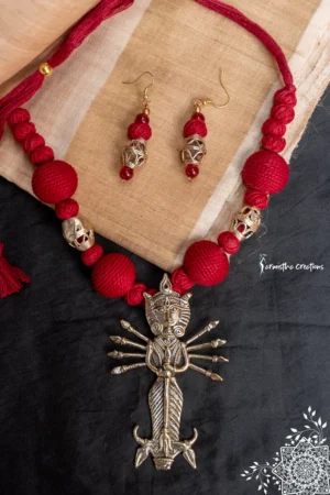 Traditional hand-made Dokra Durga necklace (Maroon)