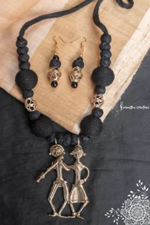 Hand-Made Dokra Necklace (Tribal Figures, Black)