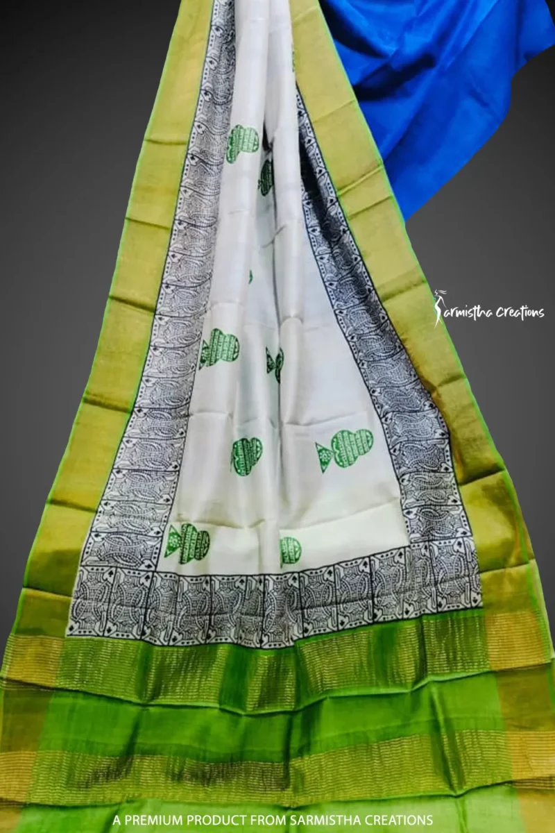 zari border pure desi tussar silk white/green