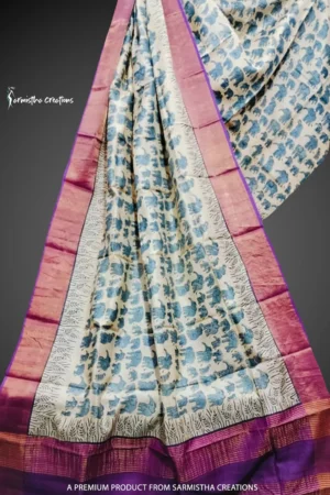 Block printed zari border tussar saree