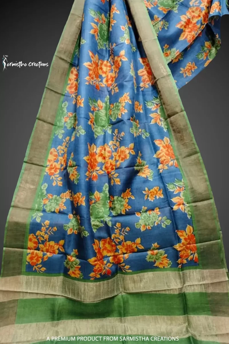 block printed zari border tussar, navy blue with multi-coloured floral prints