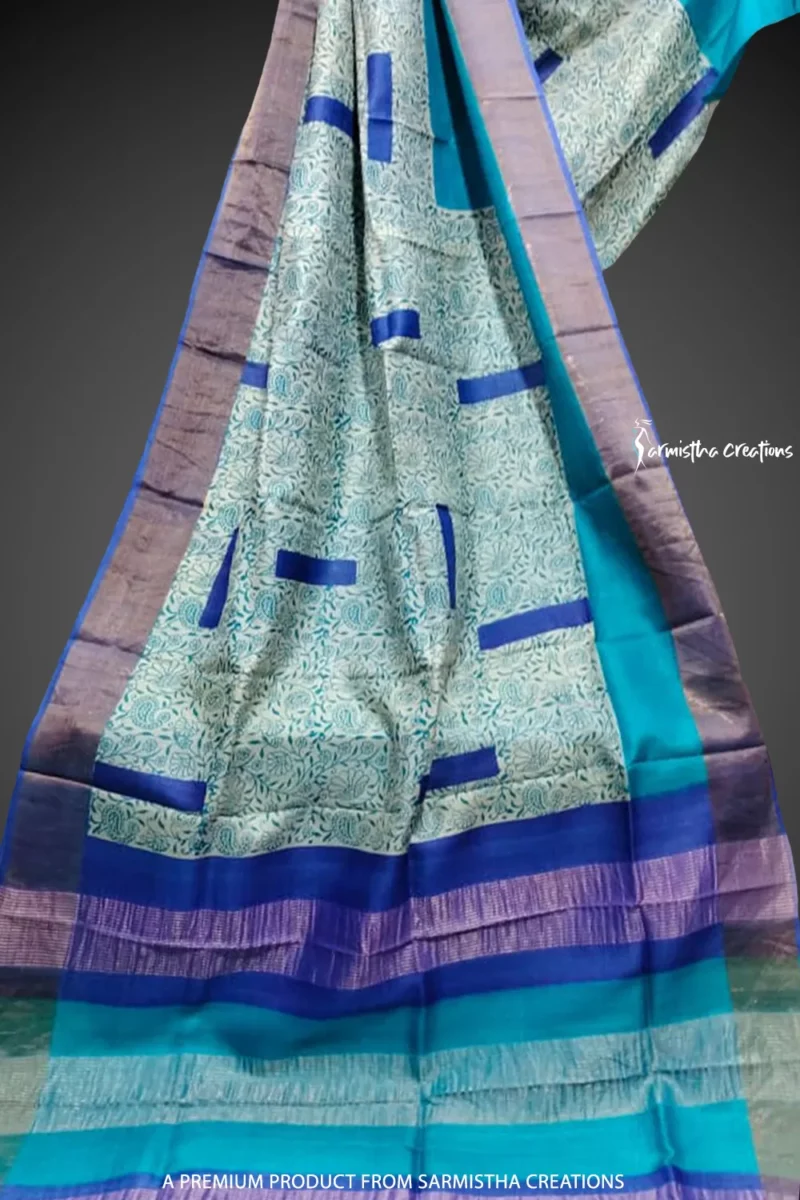 Block printed zari border tussar saree