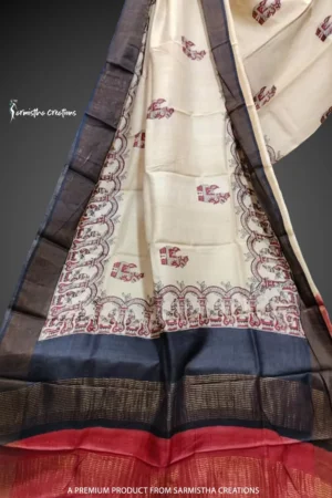 Block printed zari border tussar saree