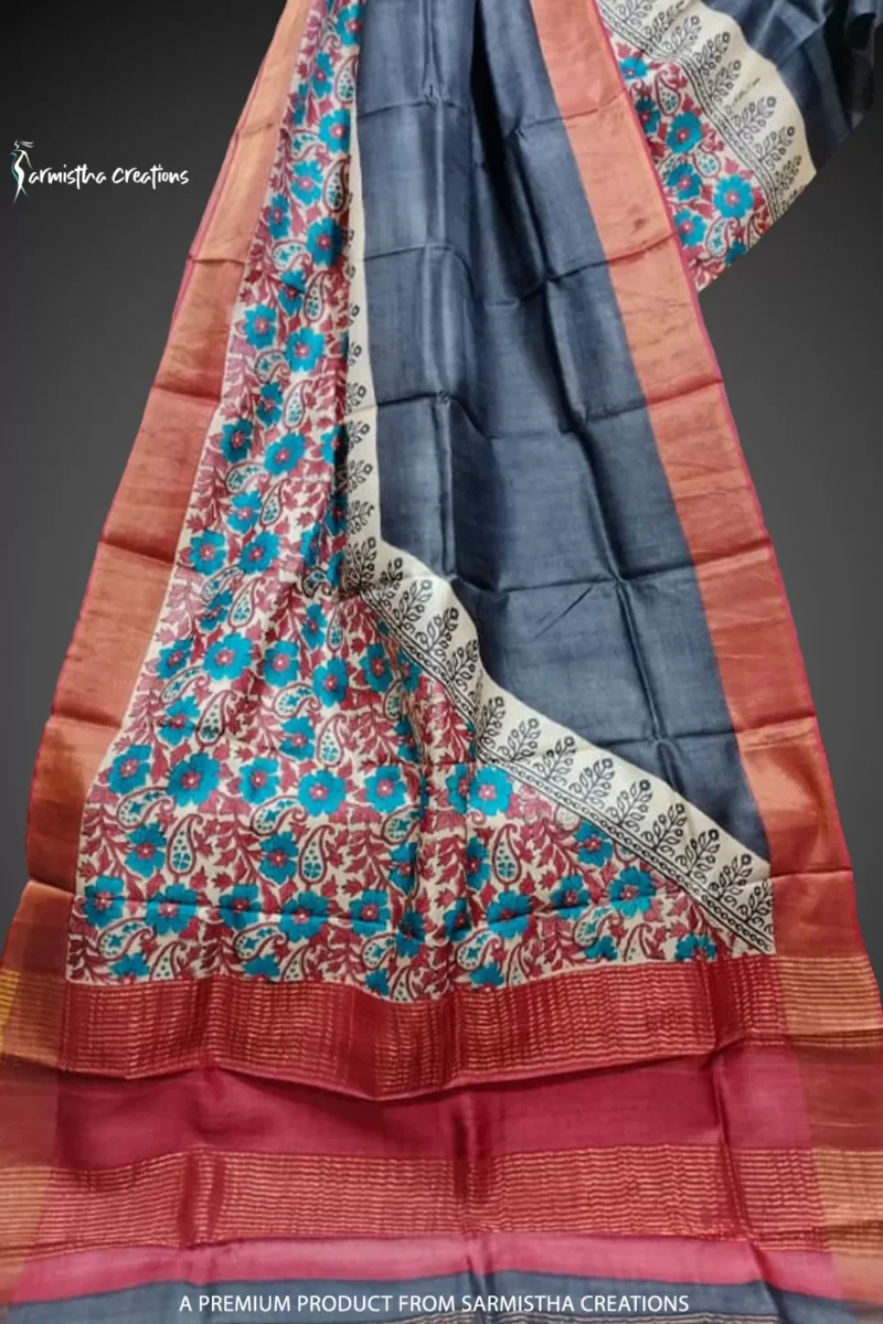 Block printed zari border tussar saree