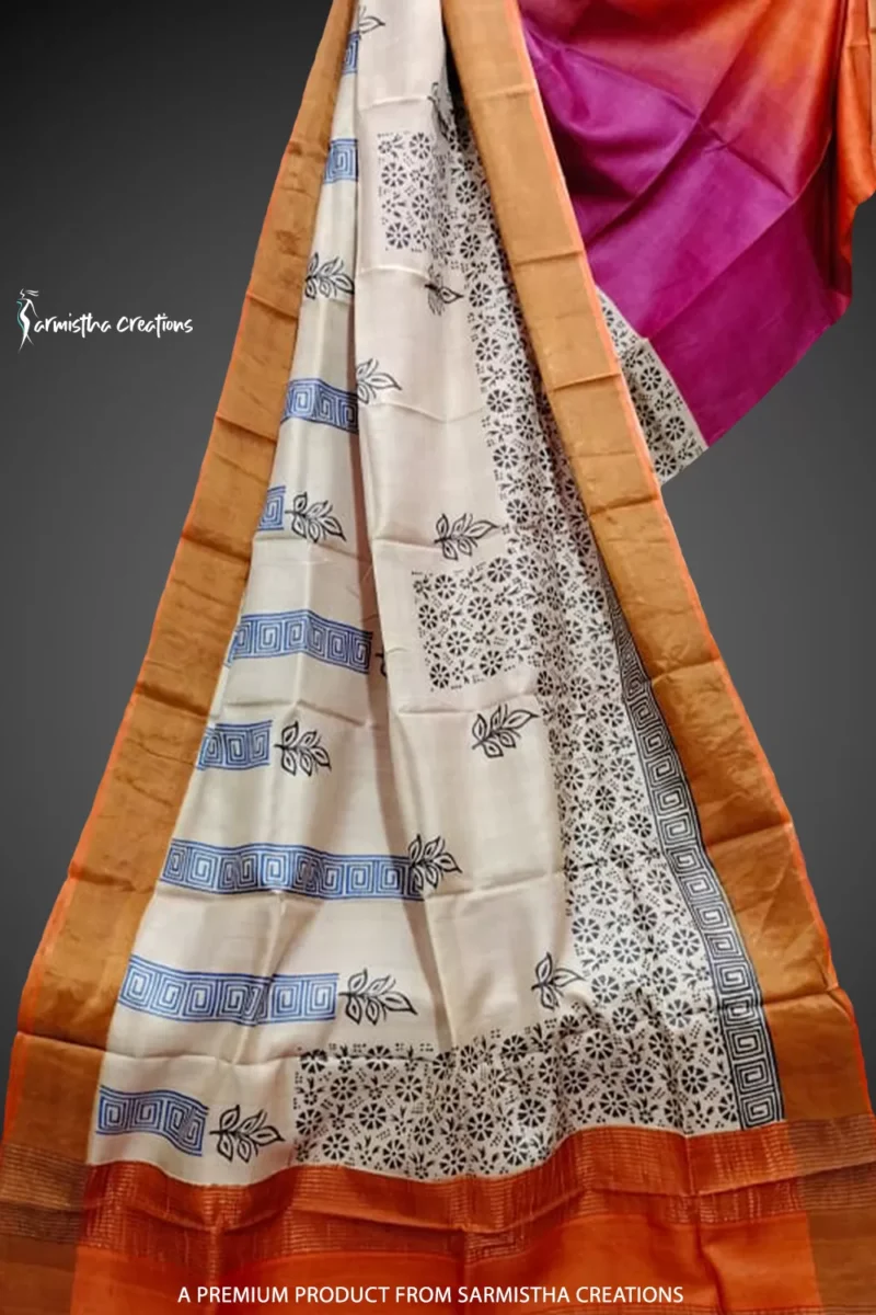 Block printed zari border tussar saree