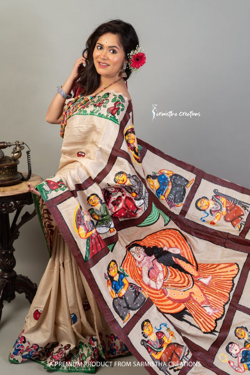 Babuchitra - Hand-painted patachitra showcasing the Kalighat painting style. Painted on Silk Mark certified Raghunathpur tussar.