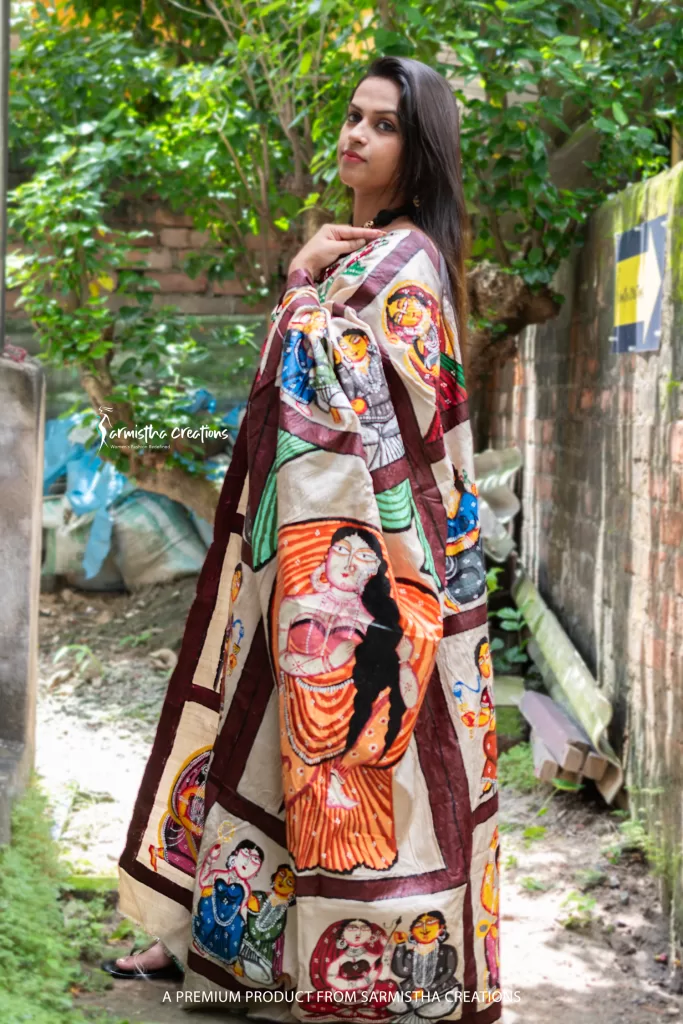 Babuchitra - Hand-painted patachitra showcasing the Kalighat painting style. Painted on Silk Mark certified Raghunathpur tussar.