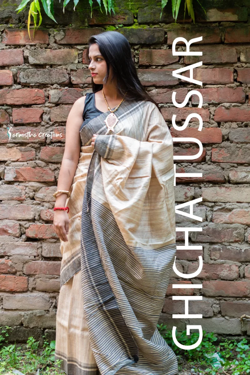 Ghicha Tussar Saree with Black Weaved Border - Image 4