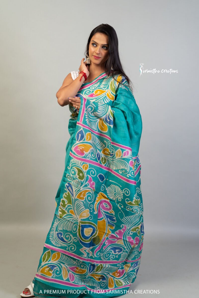 Bishnupuri silk hand batik turquoise blue