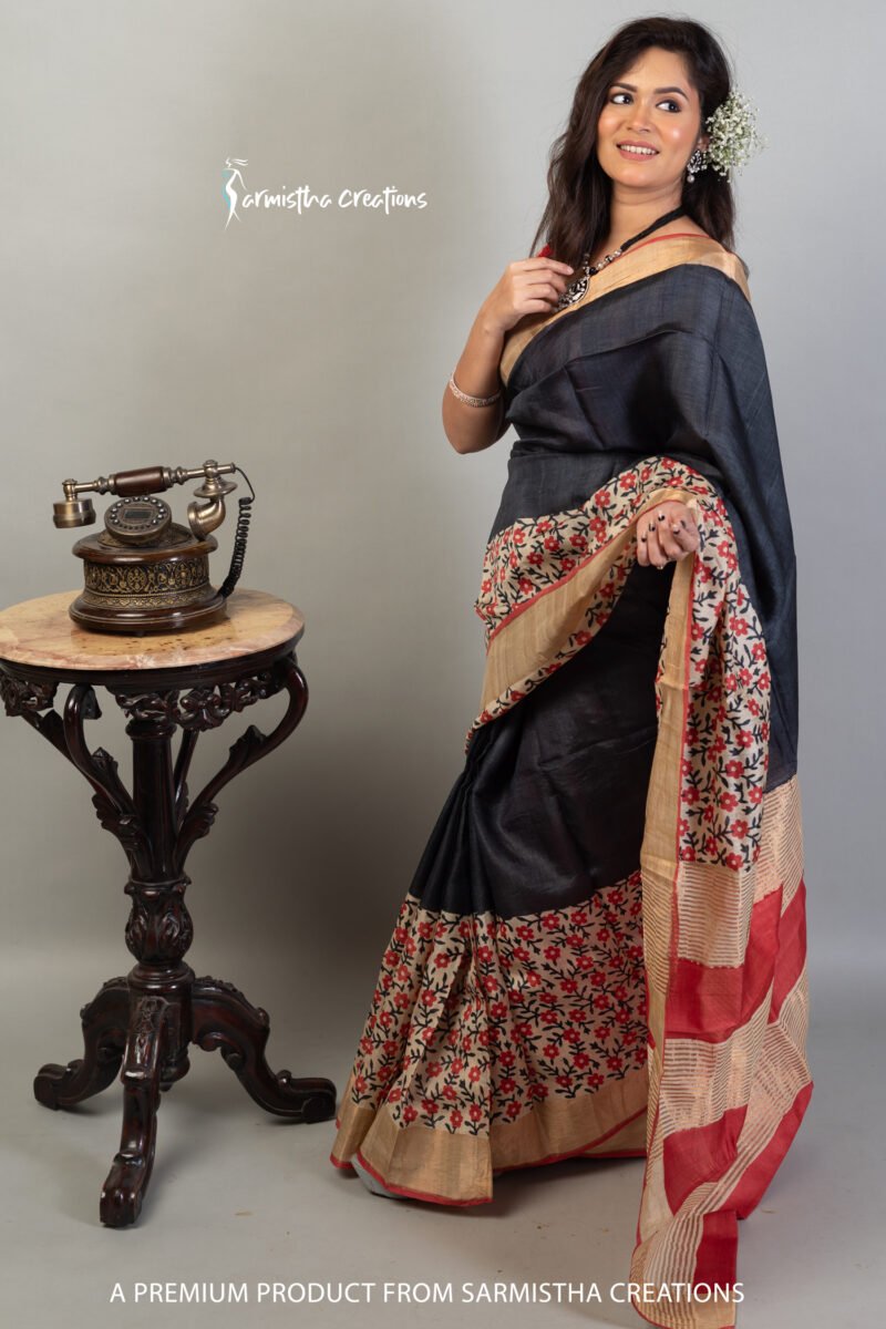 Zari Border Pure Desi Tussar Silk Saree With Hand-Block Printing dtzbhbp-018 - Image 2