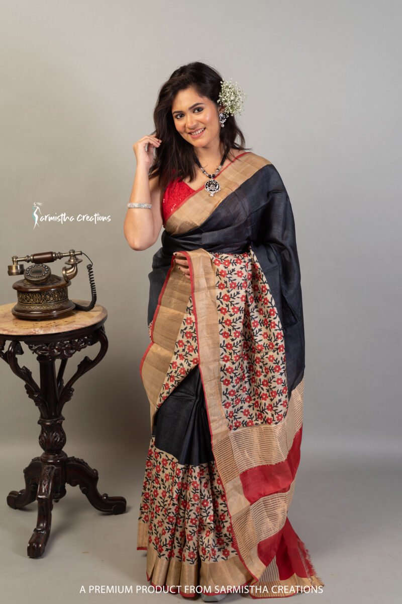 Zari Border Pure Desi Tussar Silk Saree With Hand-Block Printing dtzbhbp-018 - Image 3