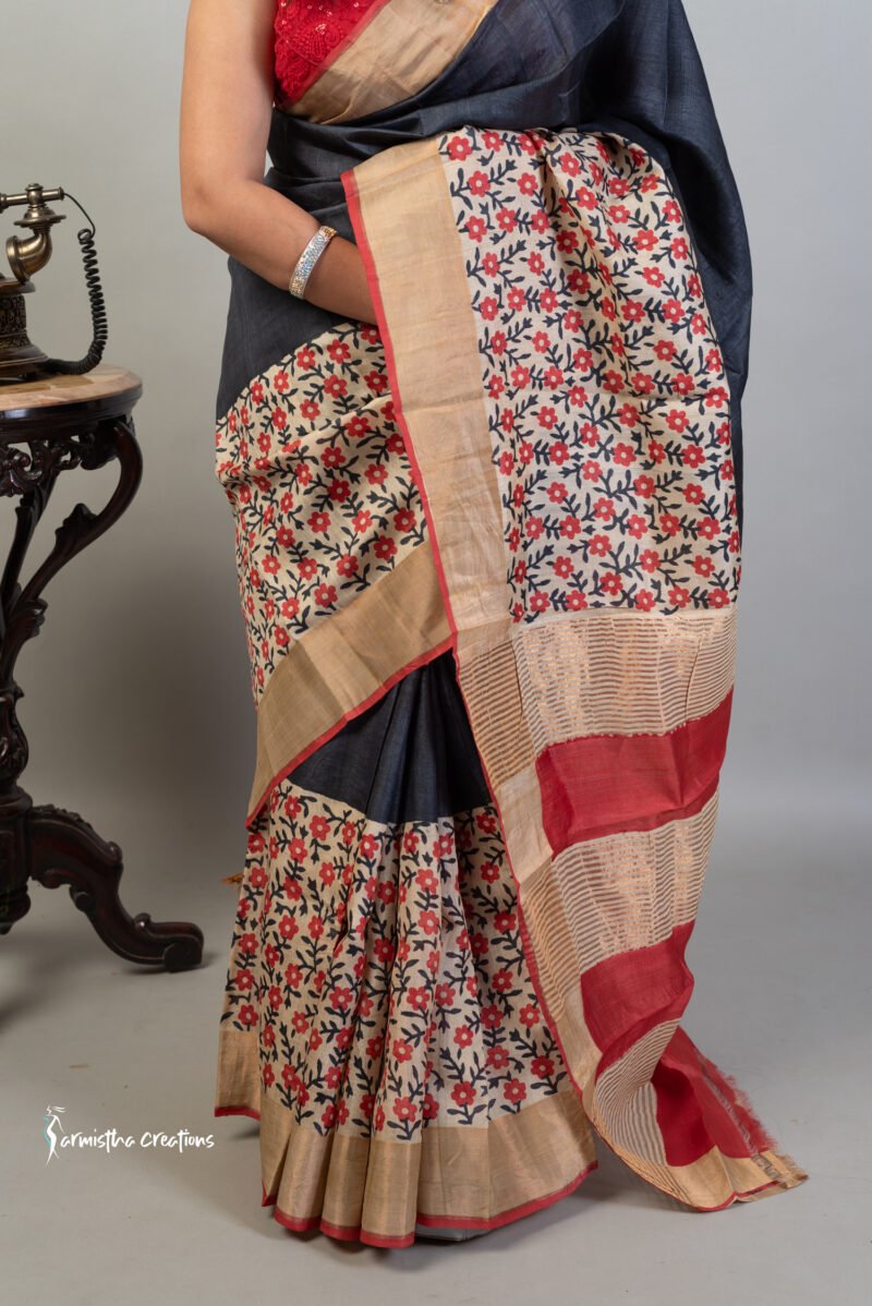 Zari Border Pure Desi Tussar Silk Saree With Hand-Block Printing dtzbhbp-018 - Image 5