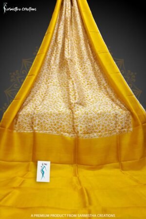 Murshidabad silk saree with hand block printed yellow floral motif