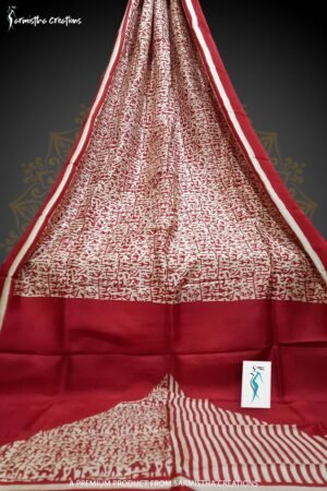 Murshidabad silk saree with hand block printed red tribal motif