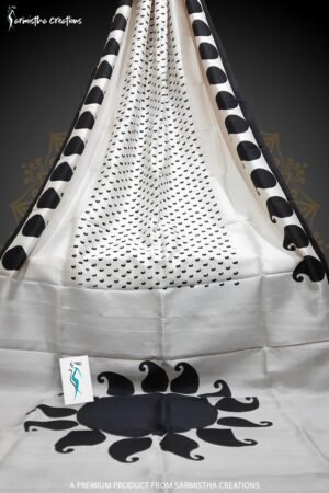 murshidabad silk saree with hand block printed black traditional motif on white base