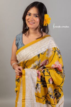 Floral printed tussar silk saree with chikankari work