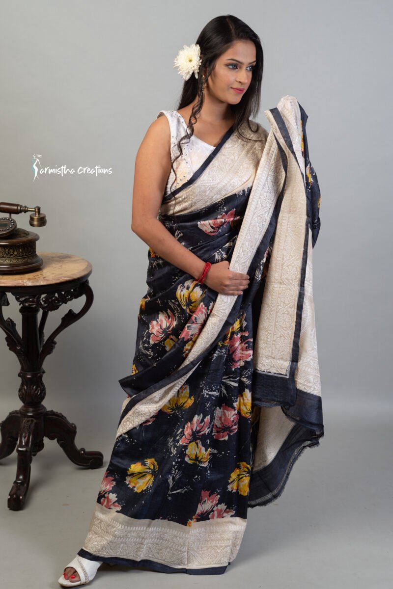 Floral Printed Tussar Saree with Chikankari Work Black ptch-002 - Image 3