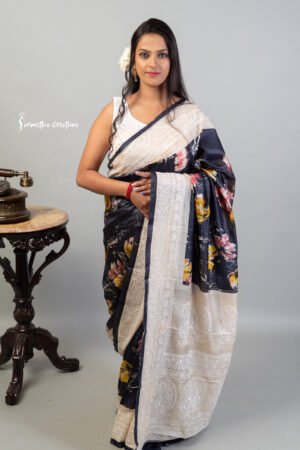 Floral printed tussar silk saree with chikankari work