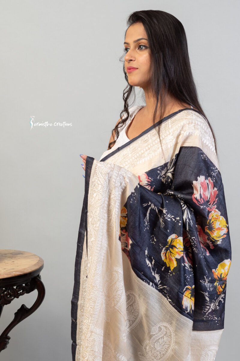 Floral Printed Tussar Saree with Chikankari Work Black ptch-002 - Image 2