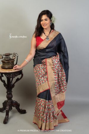 Hand block printed zari border tassar saree with Silk Mark certification.