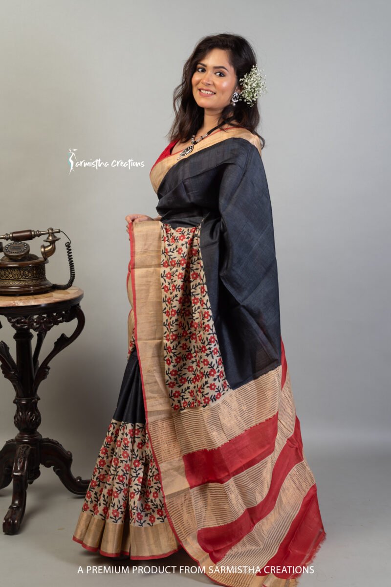 Hand block printed zari border tassar saree with Silk Mark certification.