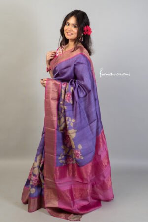 zari border tussar with screen printed floral motifs